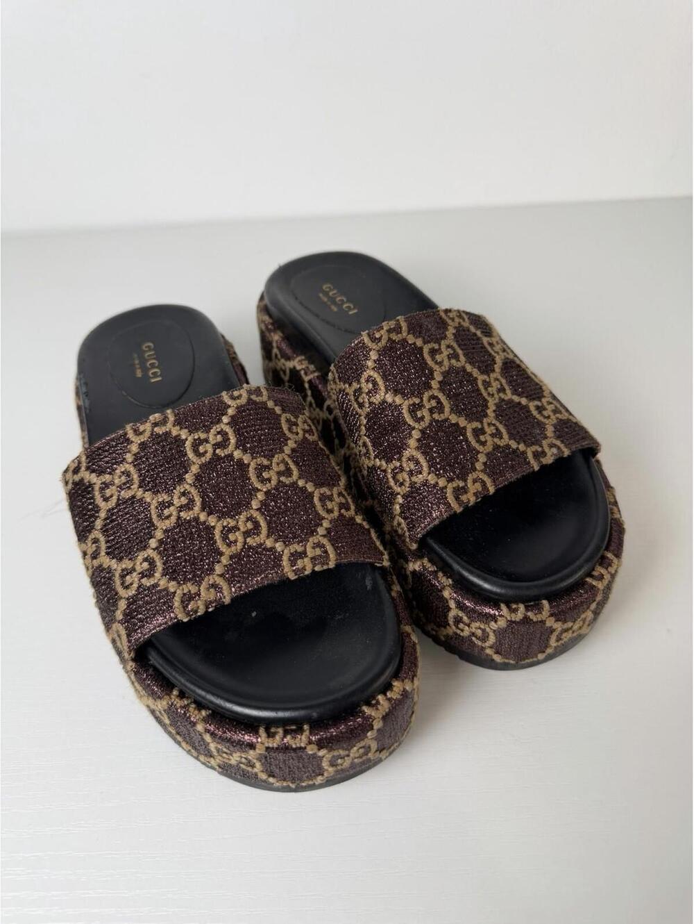Gucci GG Canvas Platform Sandals Brown Monogram Womens EU 37 US 7